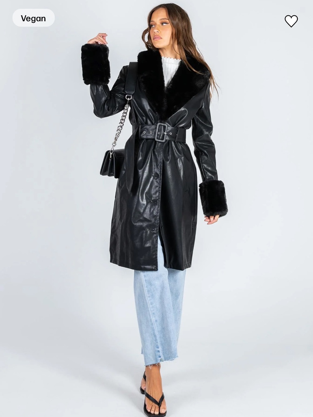 Faux leather fur trim coat